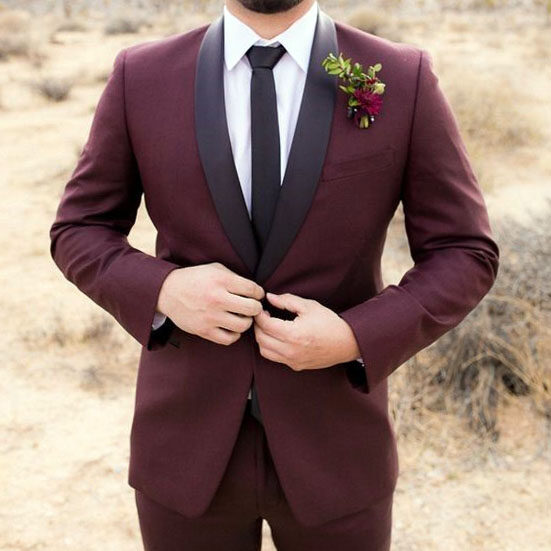 Burgundy suit and white shirt