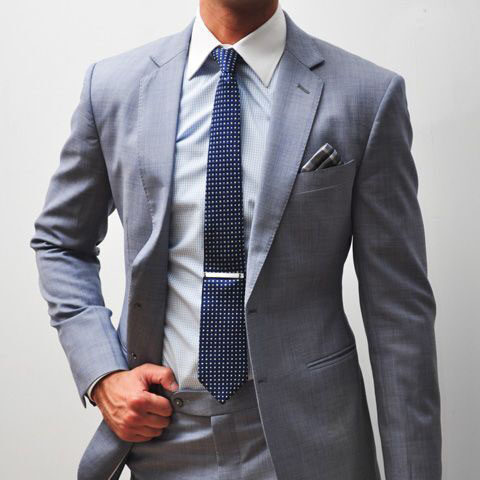 Gray suit and lite blue shirt