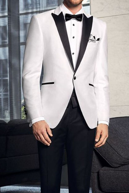 White tuxedo with black lapelle and black pants